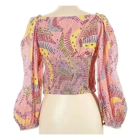 Farm Rio Anthropologie Embroidered Tropical Blouse Bananas L Long Sleeve Shirt - Picture 9 of 9